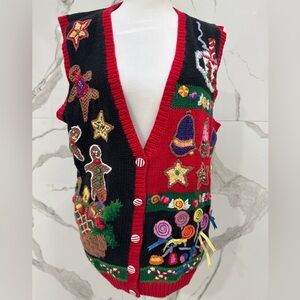 Bechamel Vintage Christmas Vest Gingerbread Men Red Black Green Knit Sweater